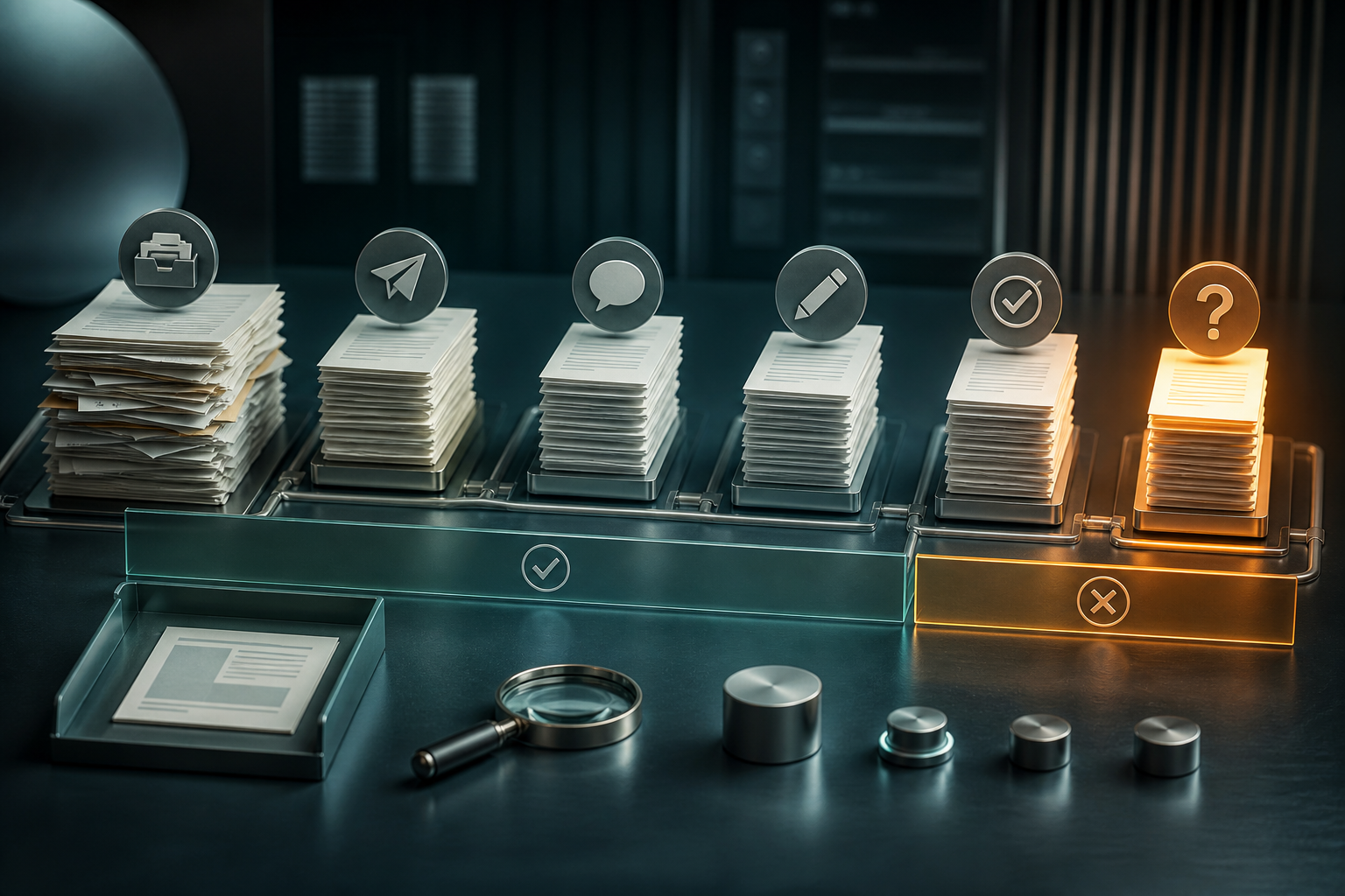 Cinematic 3D version-control stack separating source, sent, response, revision, closed, and unknown estimate states.