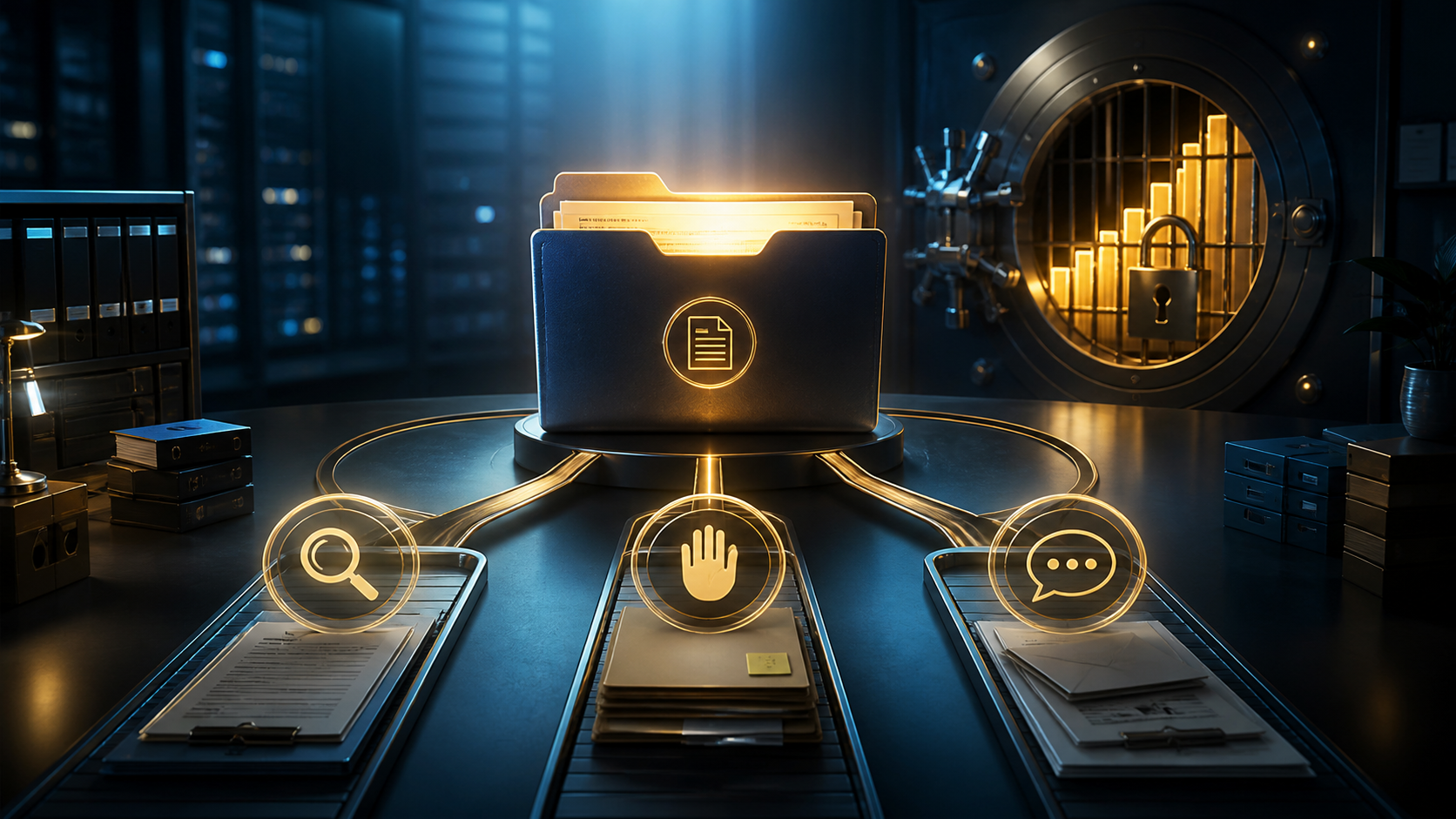Cinematic 3D archive of old estimates opening into verify, hold, and respectful follow-up lanes behind a compliance gate.
