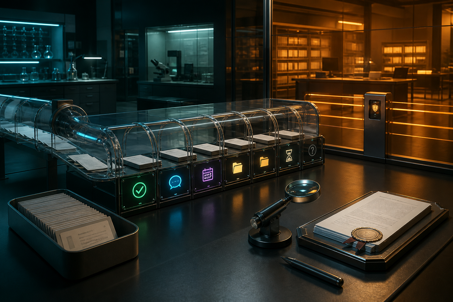 Cinematic 3D evidence laboratory separating estimate review outcomes from a protected revenue ledger and audit receipt.