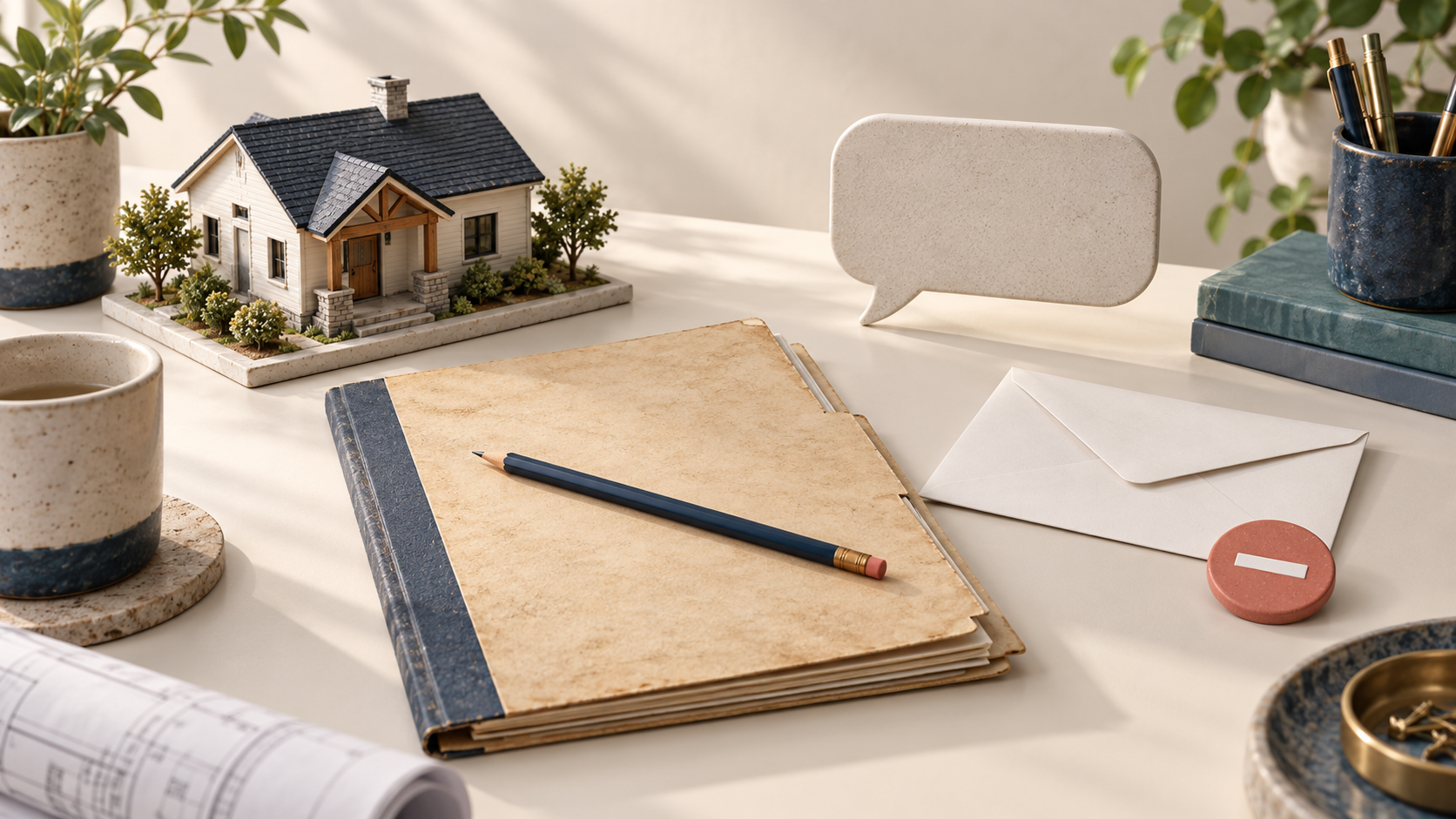 Conceptual 3D house model, old estimate folder, envelope and stop token on a desk