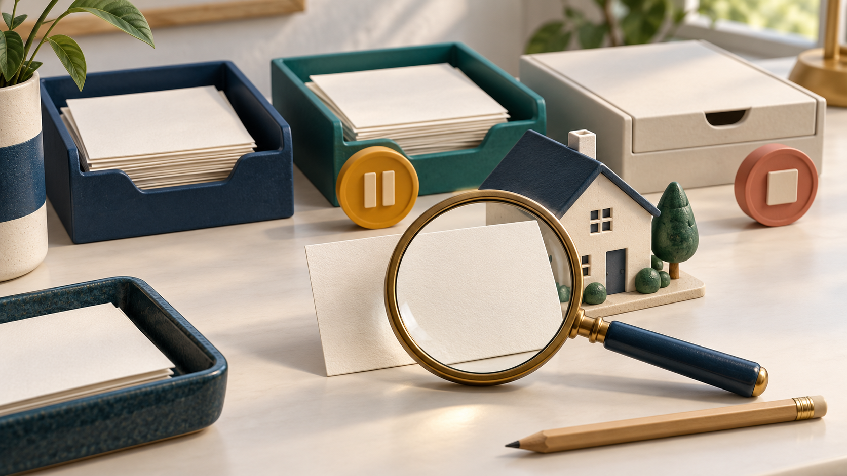 Conceptual 3D estimate card under a magnifying glass, separate record trays, and pause and stop symbols
