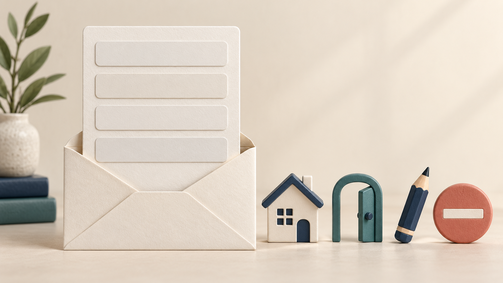 Conceptual 3D envelope and four-part blank message card beside house, exit, pencil and stop symbols