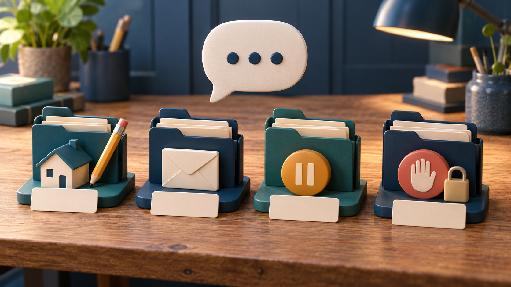 Conceptual 3D folders for scope review, closure, hold and protected do-not-contact handling beneath a reply bubble