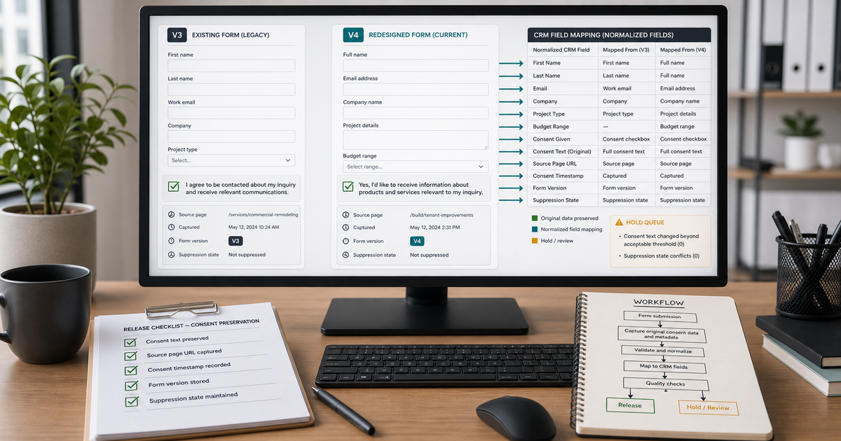 A contractor website form migration map preserves consent text, timestamps, source pages, field mappings, and suppression records.