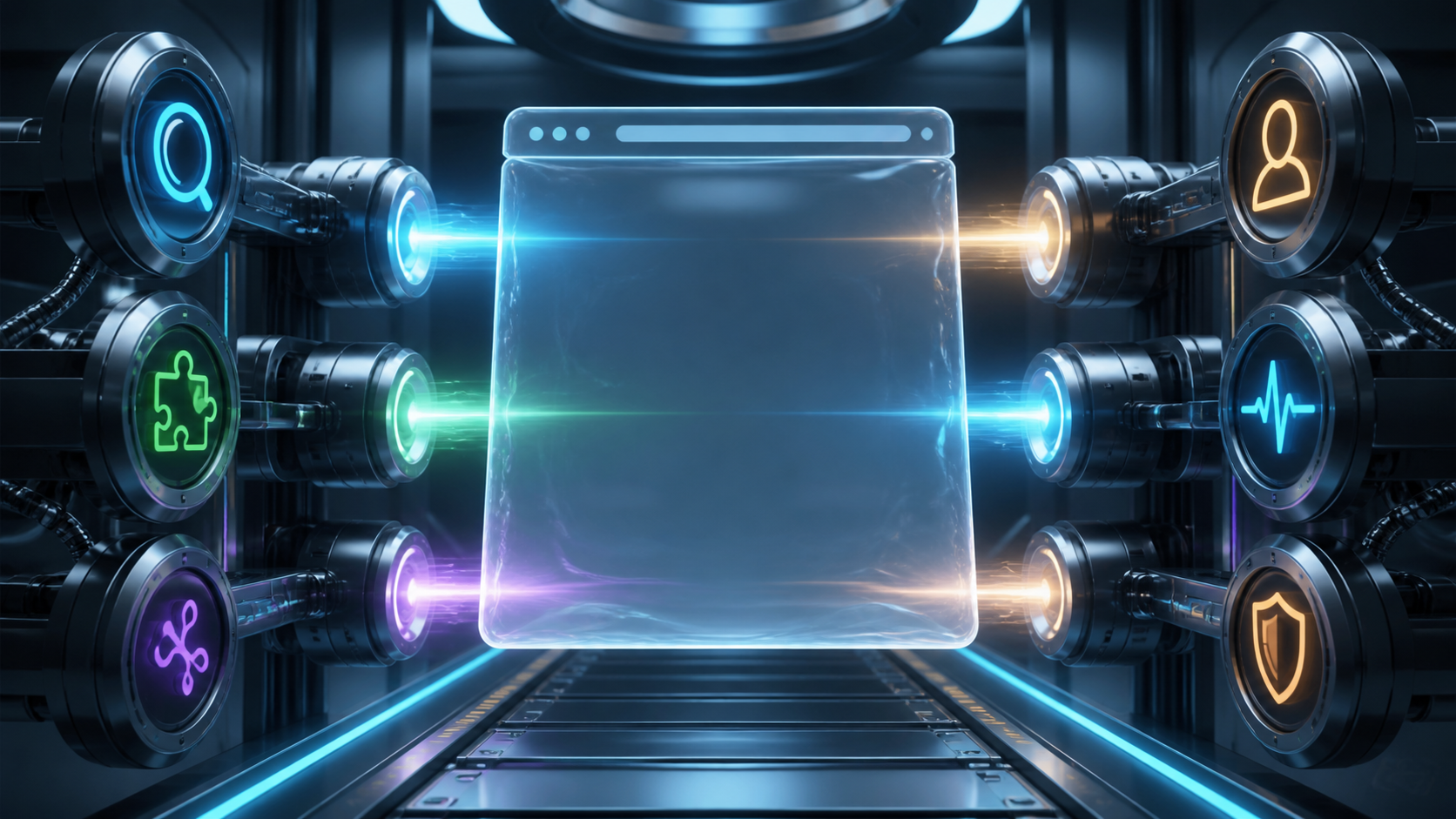 A blank glass browser panel surrounded by six illuminated inspection symbols.