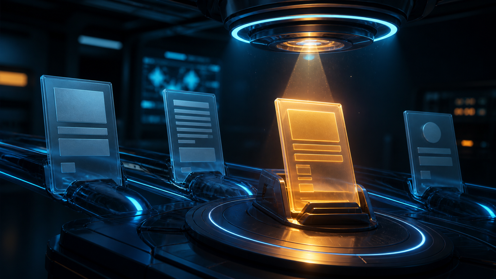 Four abstract glass webpage panels, with one highlighted in amber beneath a light.