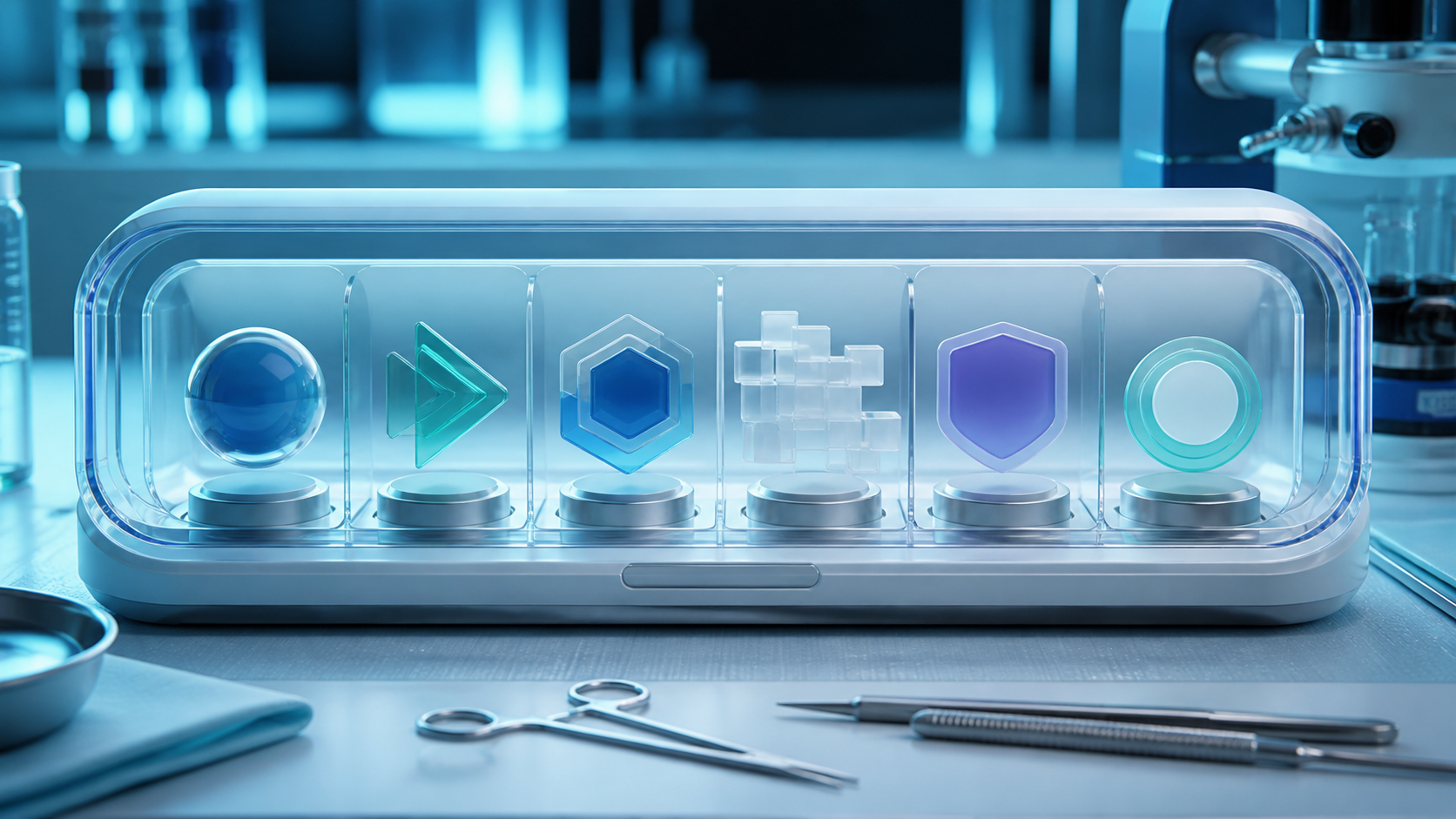 Six different glass symbols arranged in a clear tray on a laboratory-style bench.