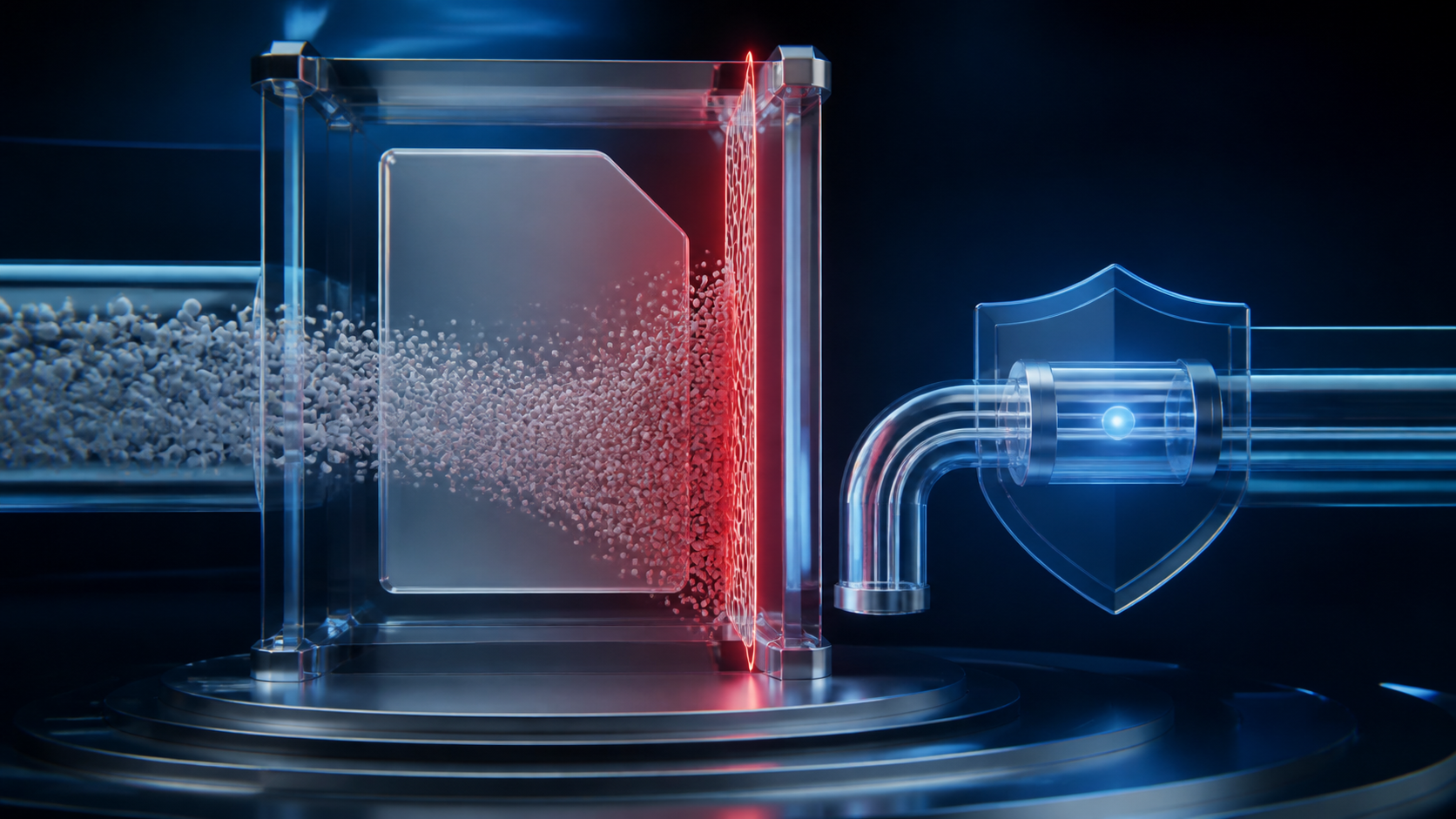 A wide stream of particles stops at a red barrier while one glass capsule follows a narrow side channel.