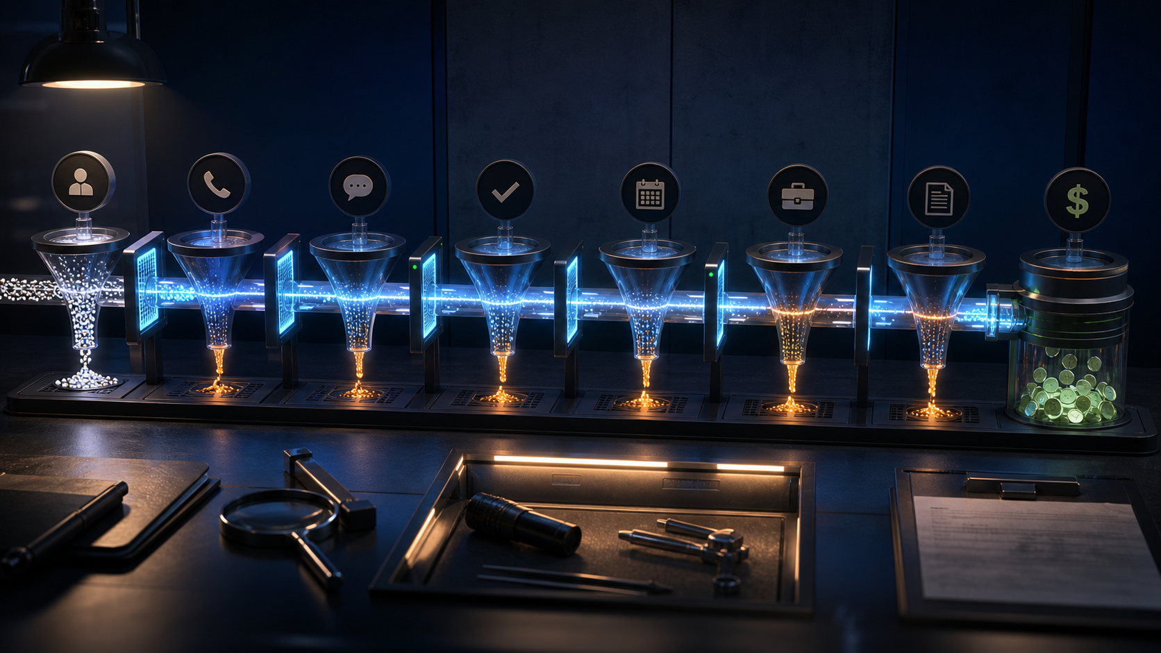 3D conceptual funnel stages marked with inquiry, phone, message, qualification, calendar, job, invoice and cash symbols.