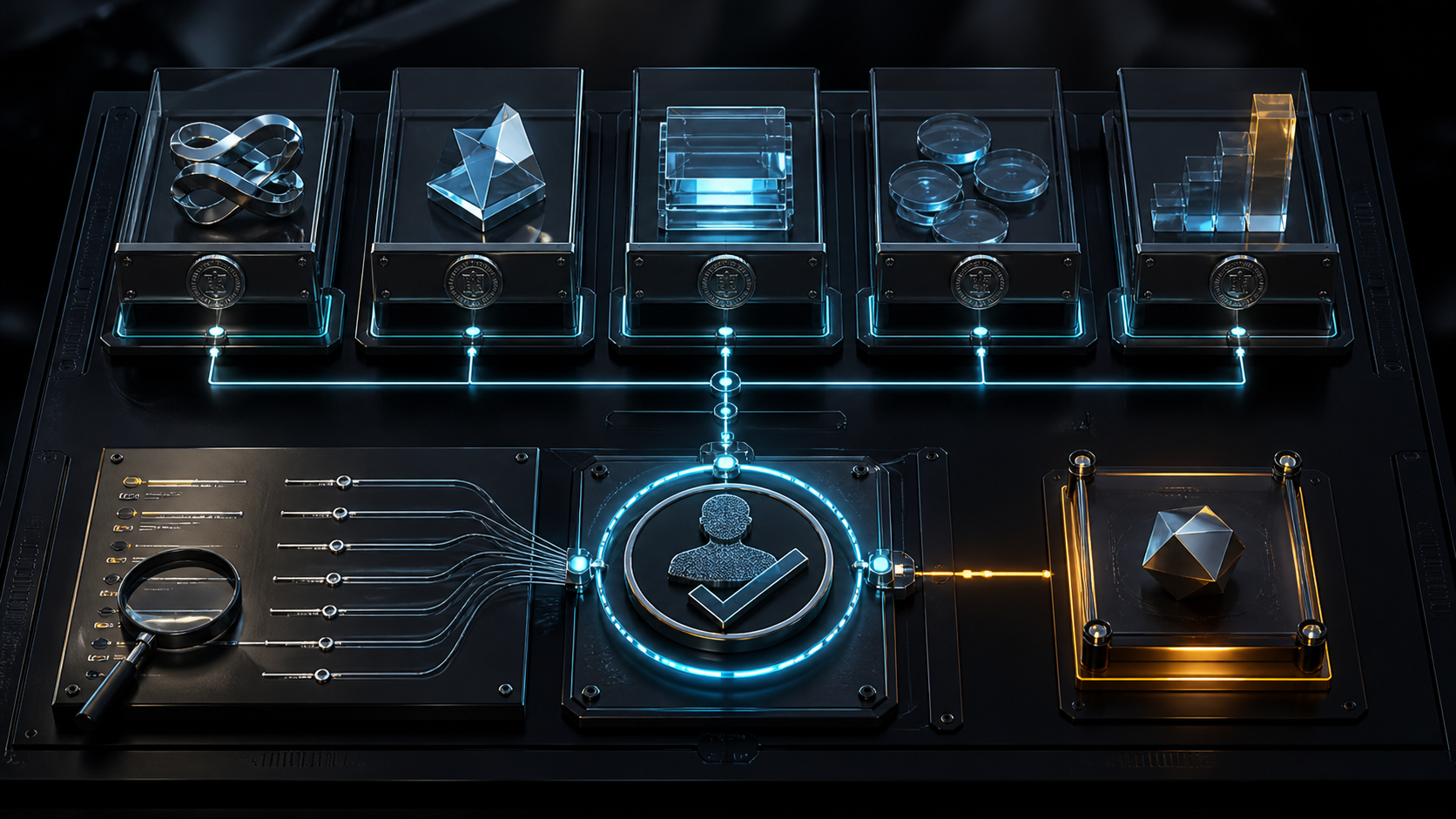3D conceptual review board with five separate glass modules, an evidence checklist and a central approval symbol.