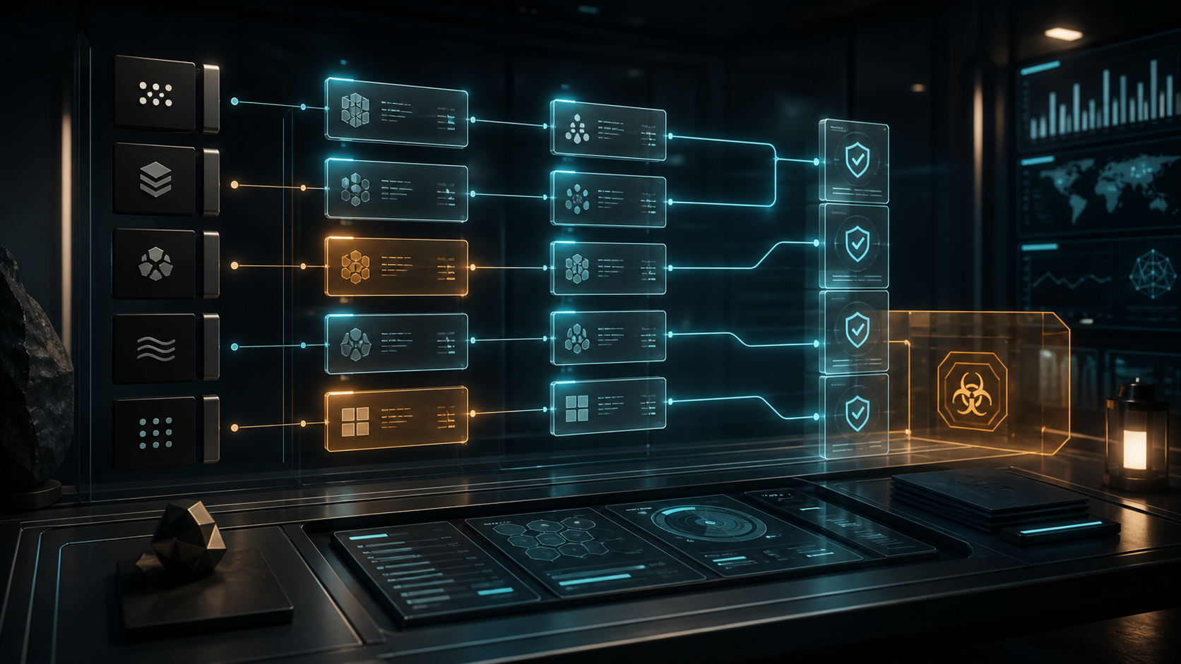3D conceptual ledger with connected data cards, verification shields and an amber exclusion warning.