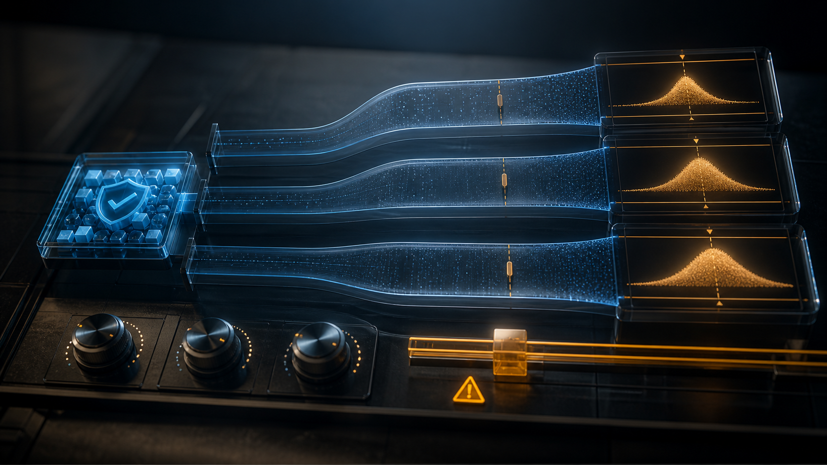 3D conceptual diagram with three transparent scenario lanes, adjustment dials and differently sized amber outcome displays.