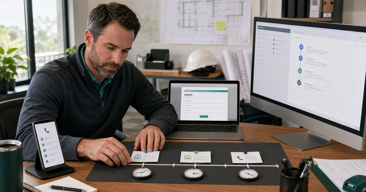 A contractor operations manager aligns phone, web-form, and CRM events on one timeline beside three clocks.