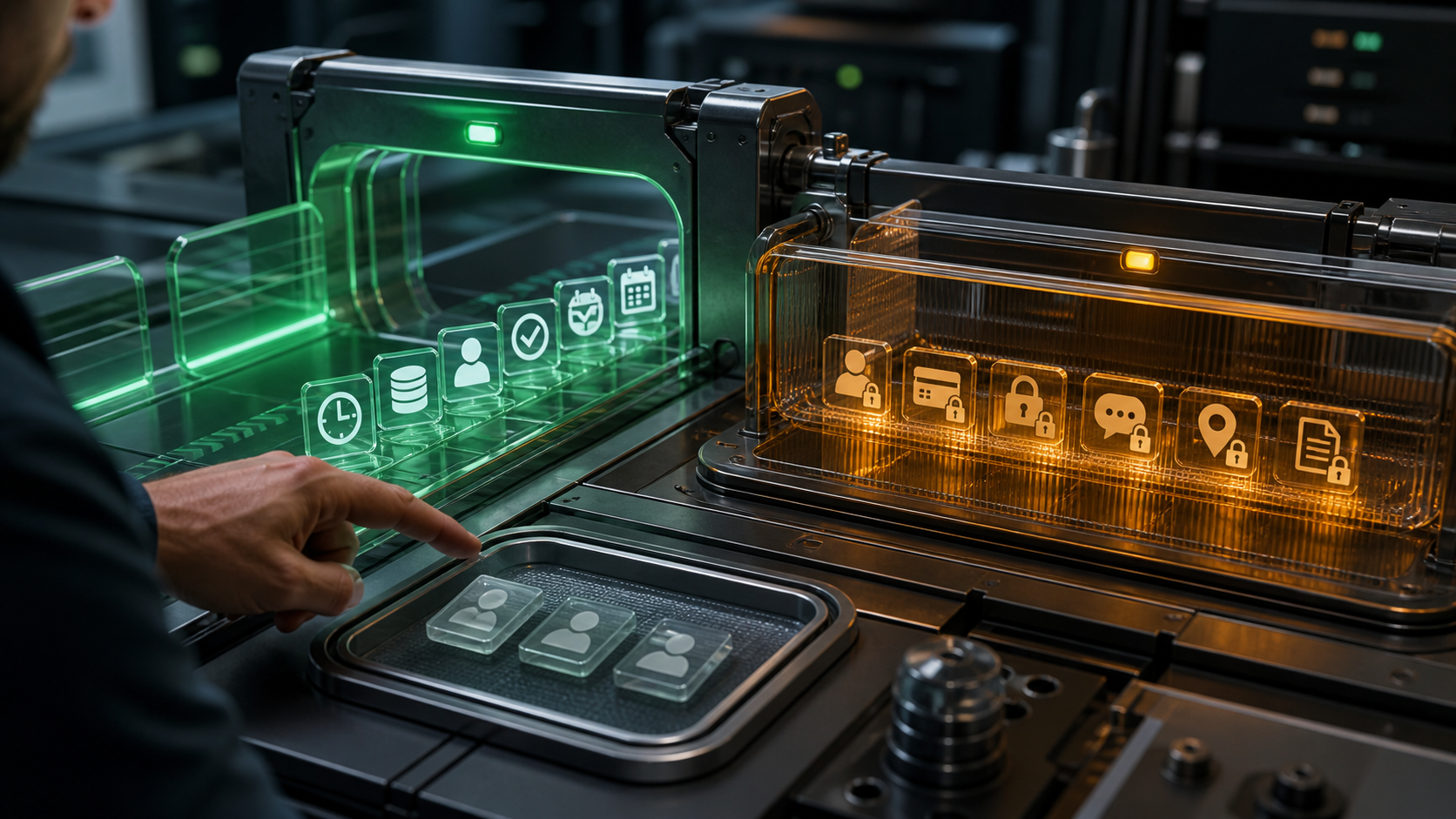A cinematic 3D privacy gate passing structural workflow fields while identity, payment, credential, message, location, and document tokens remain locked away.