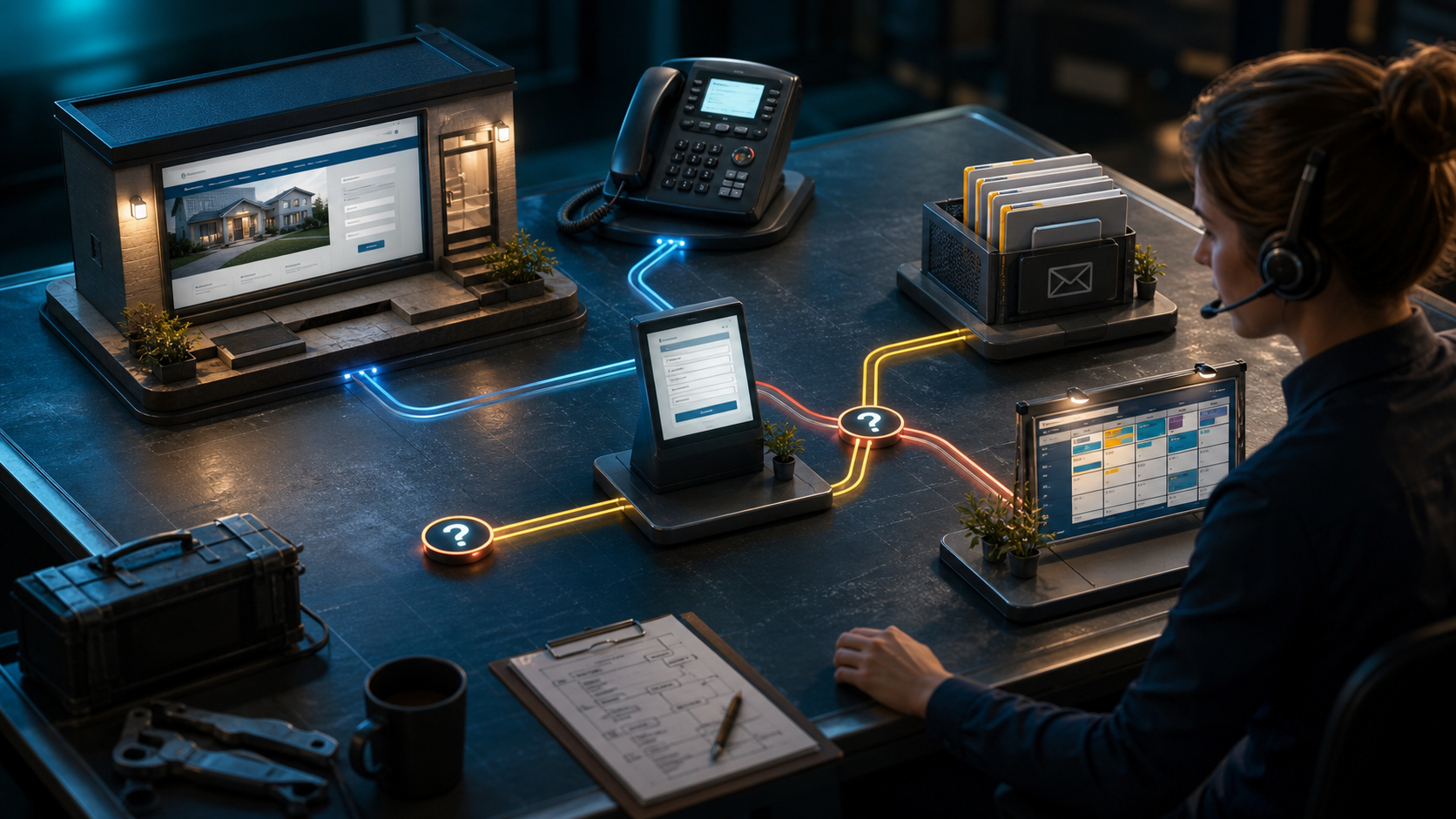 A cinematic 3D public journey map linking a website, telephone, web form, inbox, calendar, and dispatcher, with unknown handoffs marked for review.