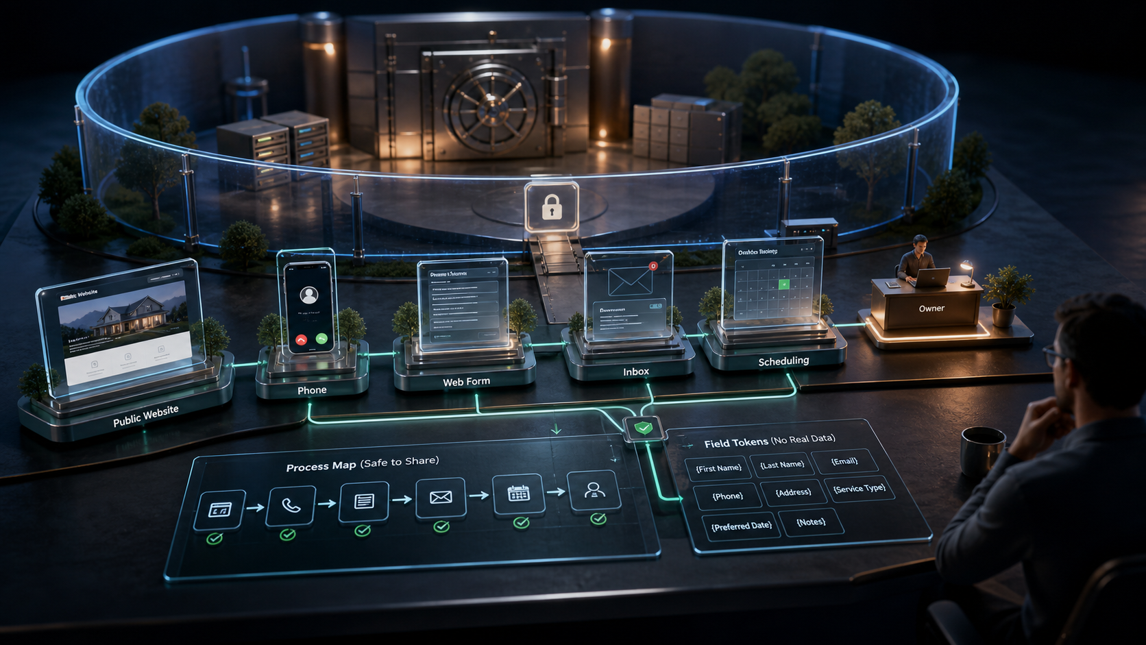 Cinematic 3D planning table with public service channels and anonymous process tokens outside a protected customer-data vault.