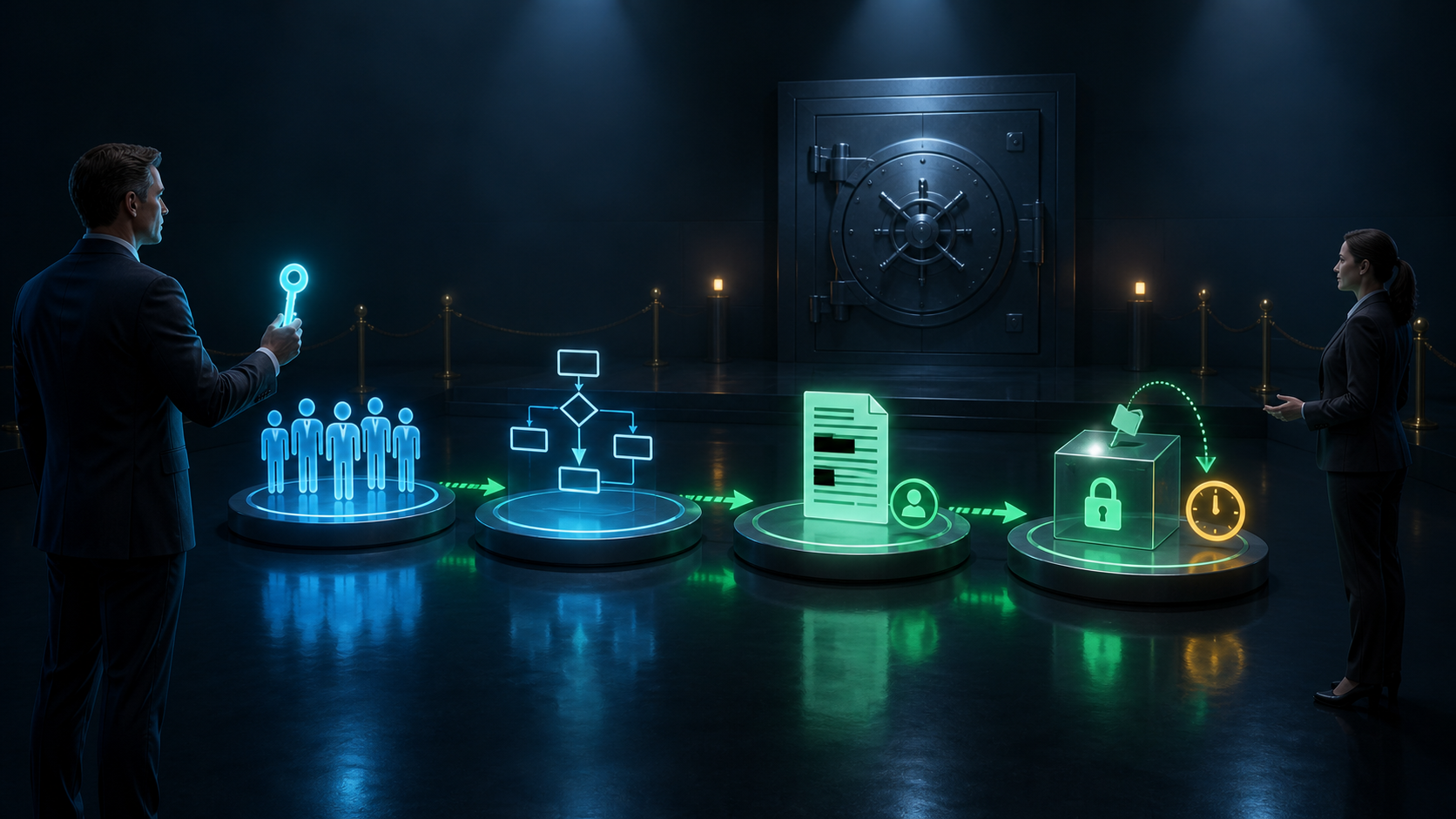 A cinematic 3D staged review path from public context to a process map, redacted sample, and controlled timed transfer while the source-data vault stays closed.