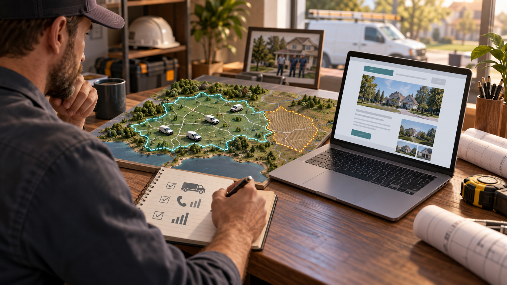 Contractor studies a model of a currently served route beside a proposed adjacent service area and an unpublished page mockup.