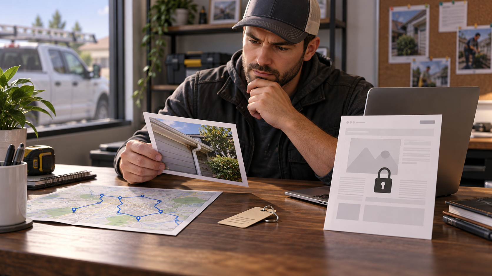 Contractor reviews a service photo and route map beside an unpublished page mockup held for evidence checking.