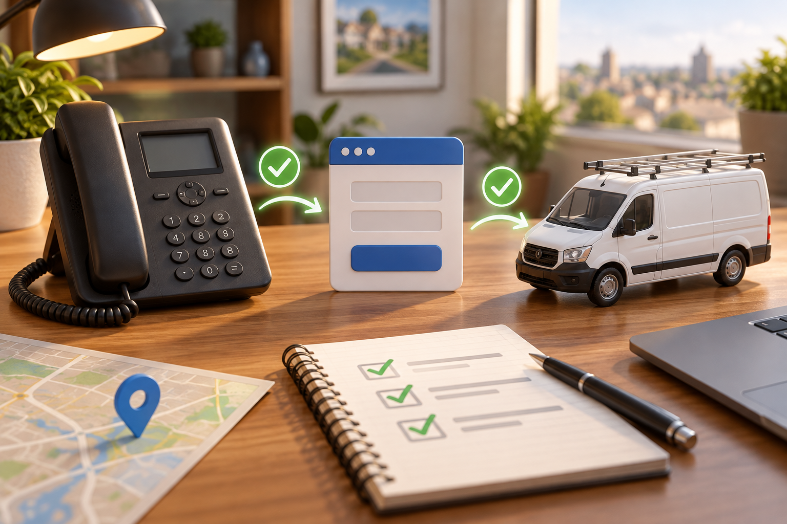 Illustrative phone and form paths are checked before a service van receives a new-area inquiry.