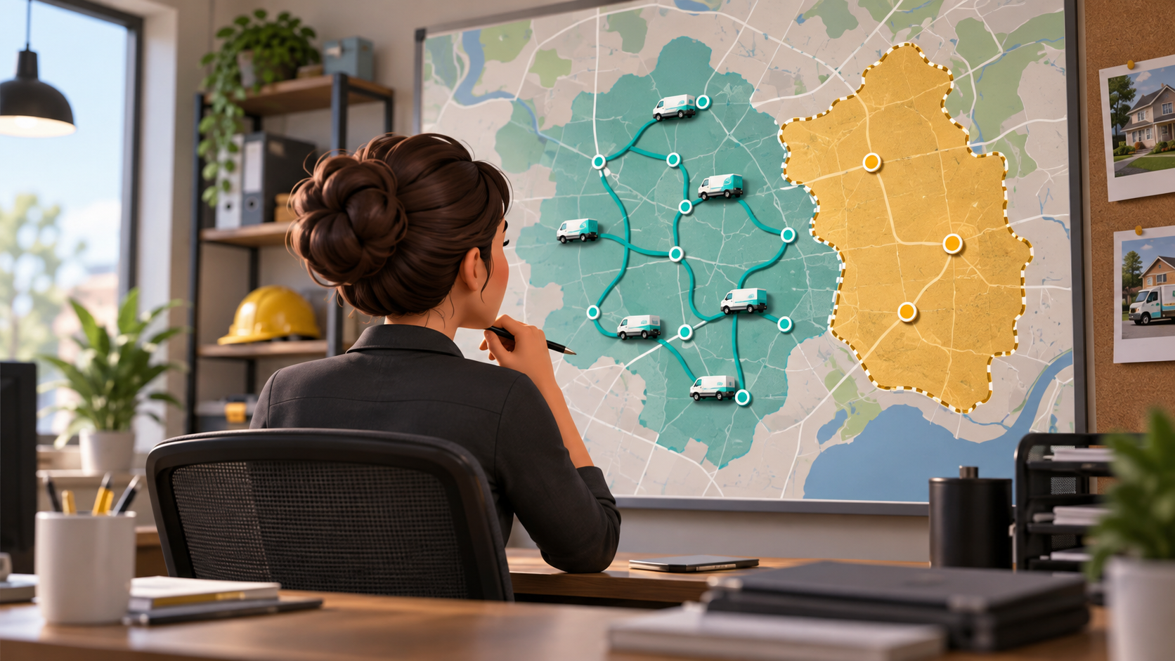 Dispatcher compares existing service-van routes with a separate proposed service area on an unlabeled map.