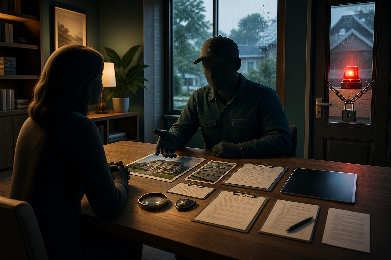 Cinematic 3D homeowner and contractor reviewing separate identity, inspection, estimate, credential, contract, and cancellation materials while a pressure alarm is locked outside.