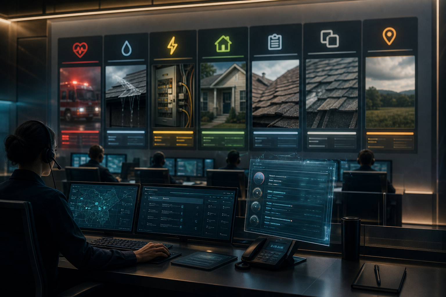 Cinematic 3D post-hail triage room separating life safety, water intrusion, electrical concern, inspection, duplicate, and service-area lanes under human ownership.