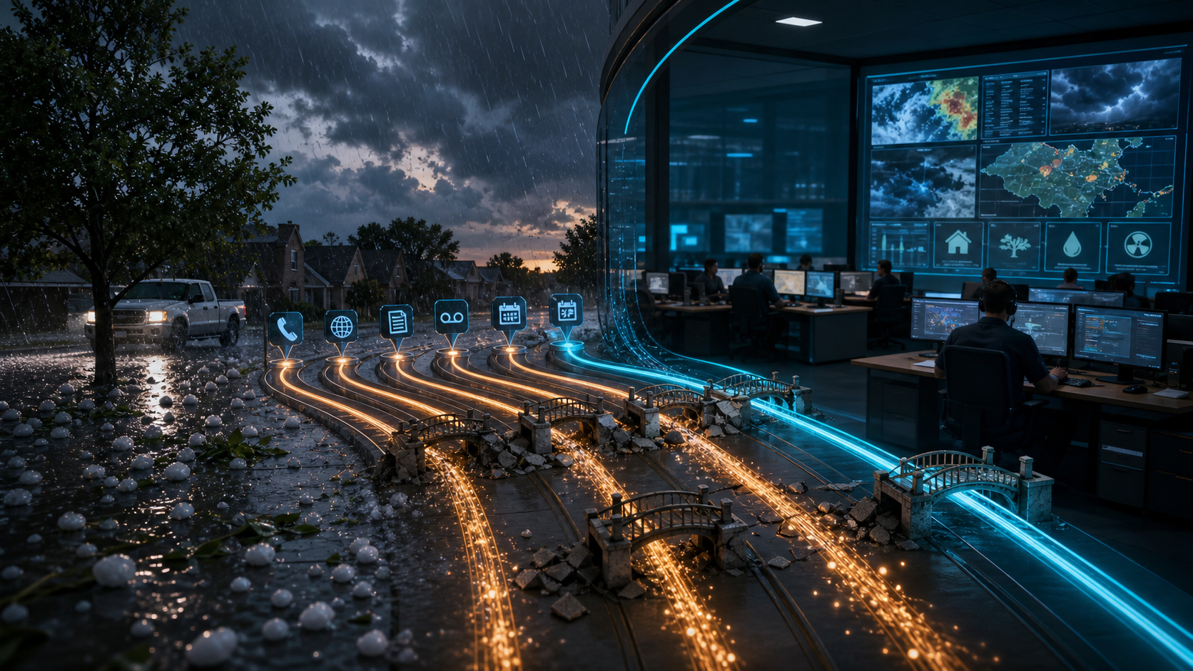 Cinematic 3D post-hail intake lanes carrying calls, forms, messages, inspections, and schedules toward a supervised operations room across broken handoffs.