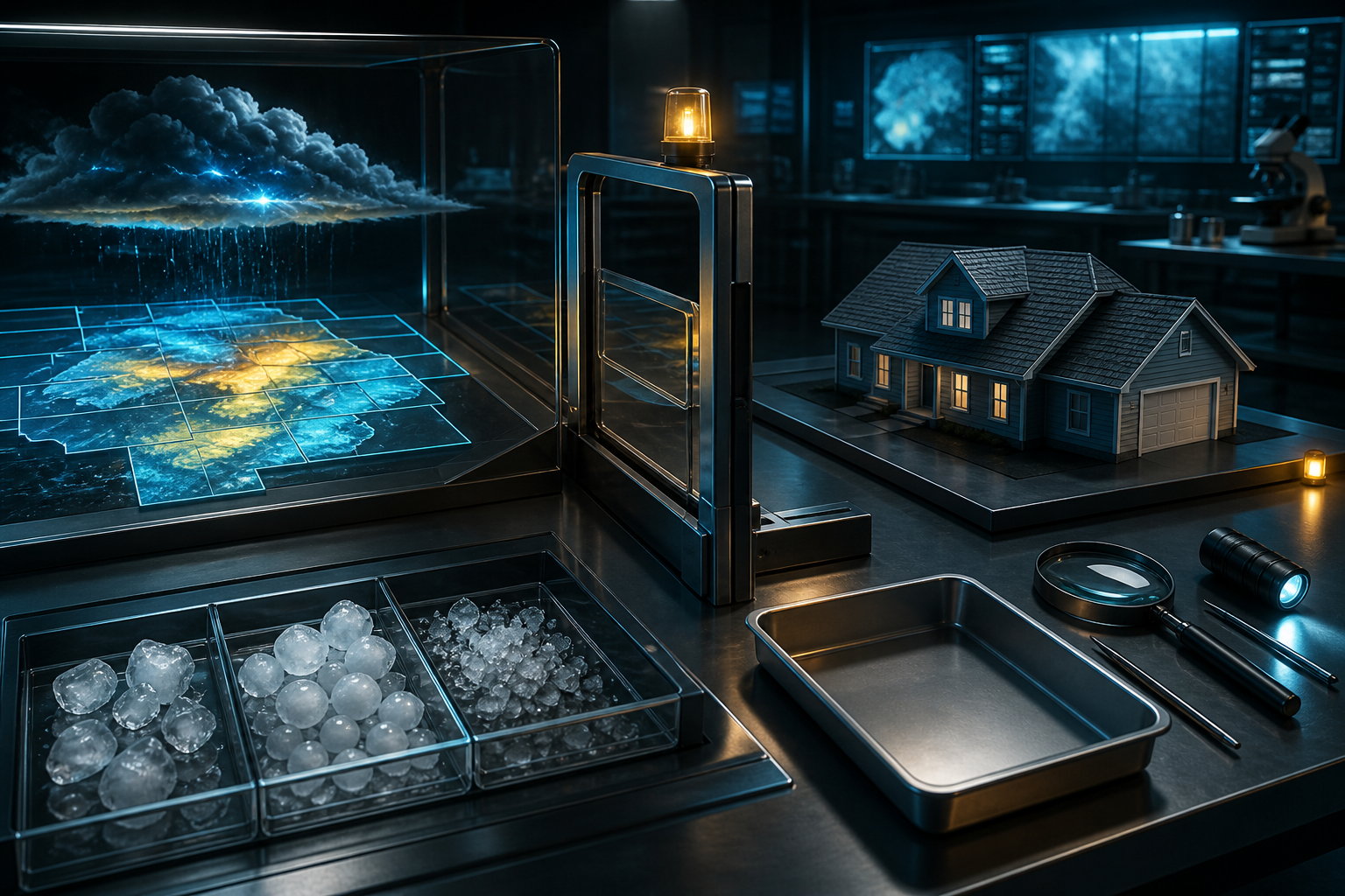 Cinematic 3D evidence lab separating broad hail weather zones from an unclassified house model and an empty property inspection tray.