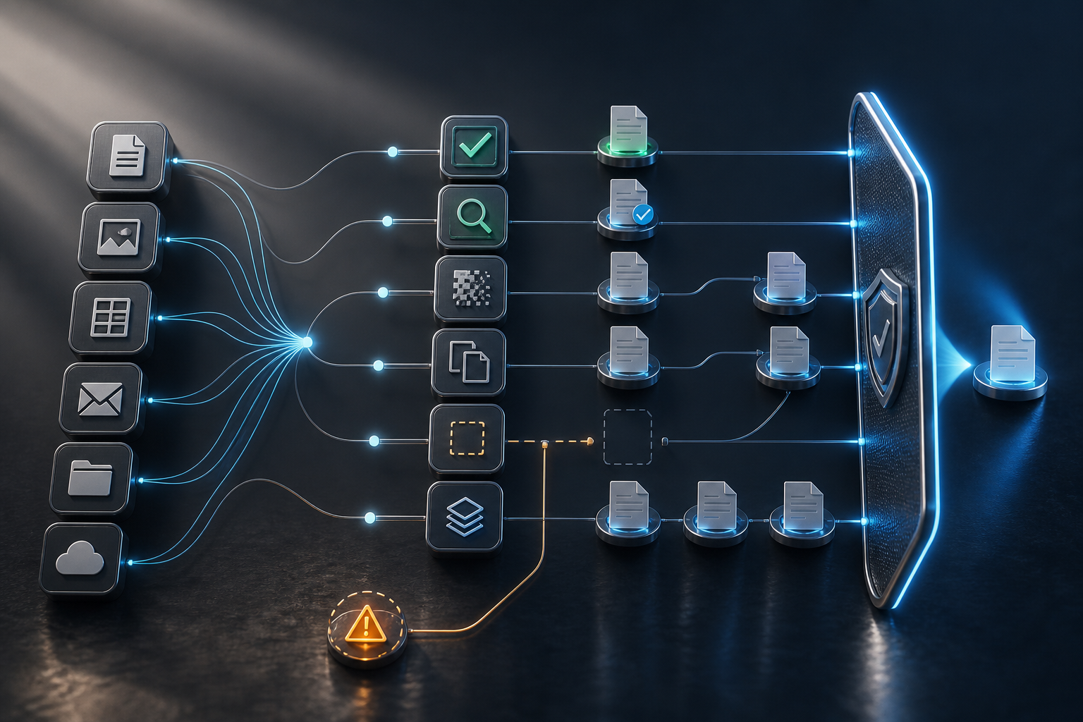 Cinematic 3D tax-document inventory with separate received, verified, unreadable, duplicate, missing, and superseded states leading to a readiness gate.