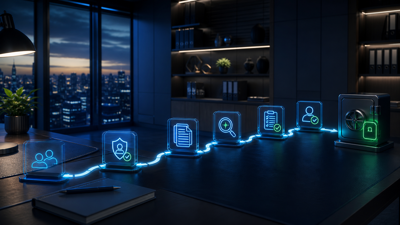 Cinematic 3D tax office with a secure intake evidence path from client request through review to a locked client-volume control.