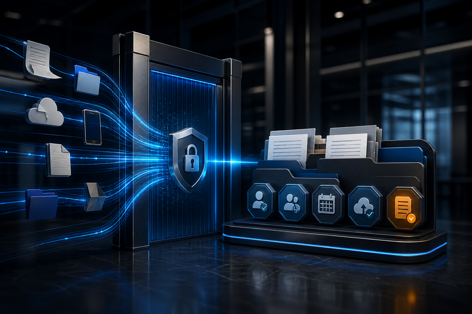 Cinematic 3D secure intake gate with abstract client, authorized-party, period, upload-receipt, and missing-document states.