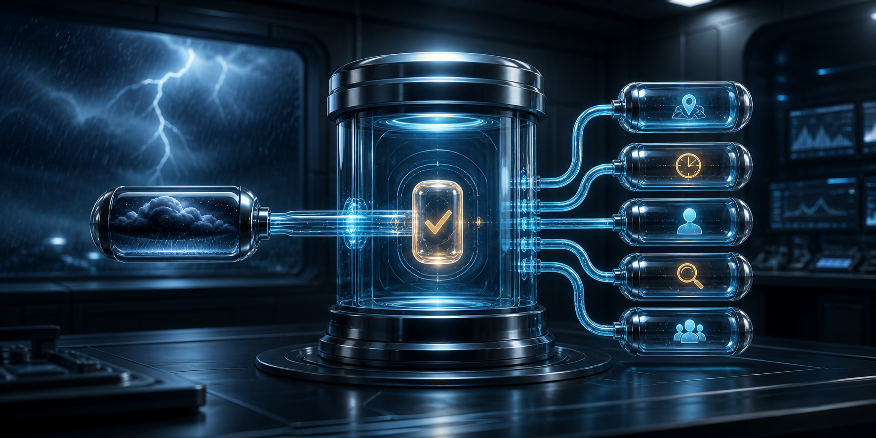 AI-generated 3D storm capsule connected to a central review chamber and separate location, clock, person, search and team symbols