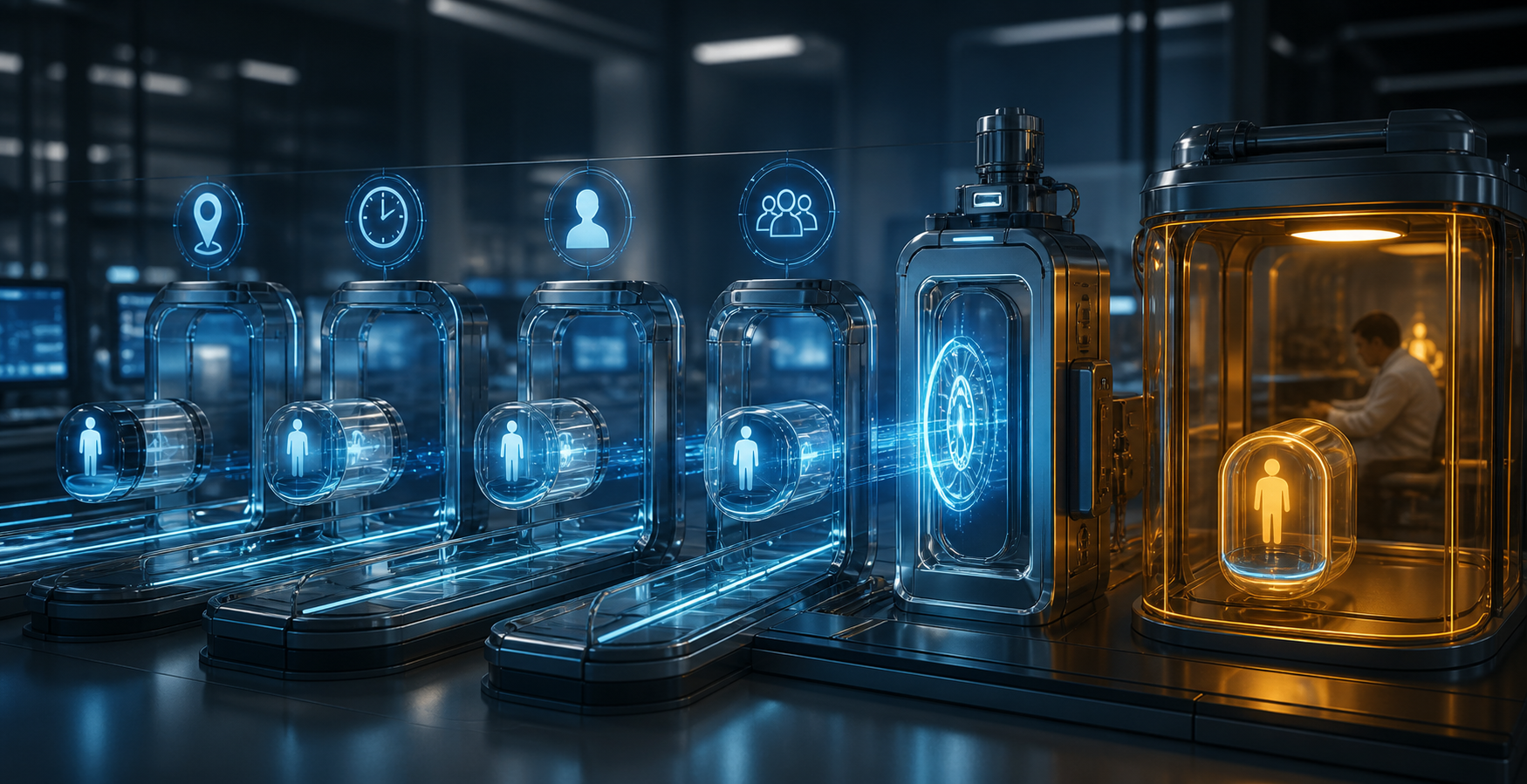 AI-generated 3D request capsules passing separate location, clock, owner and team checkpoints beside an amber hold area and a blurred operator