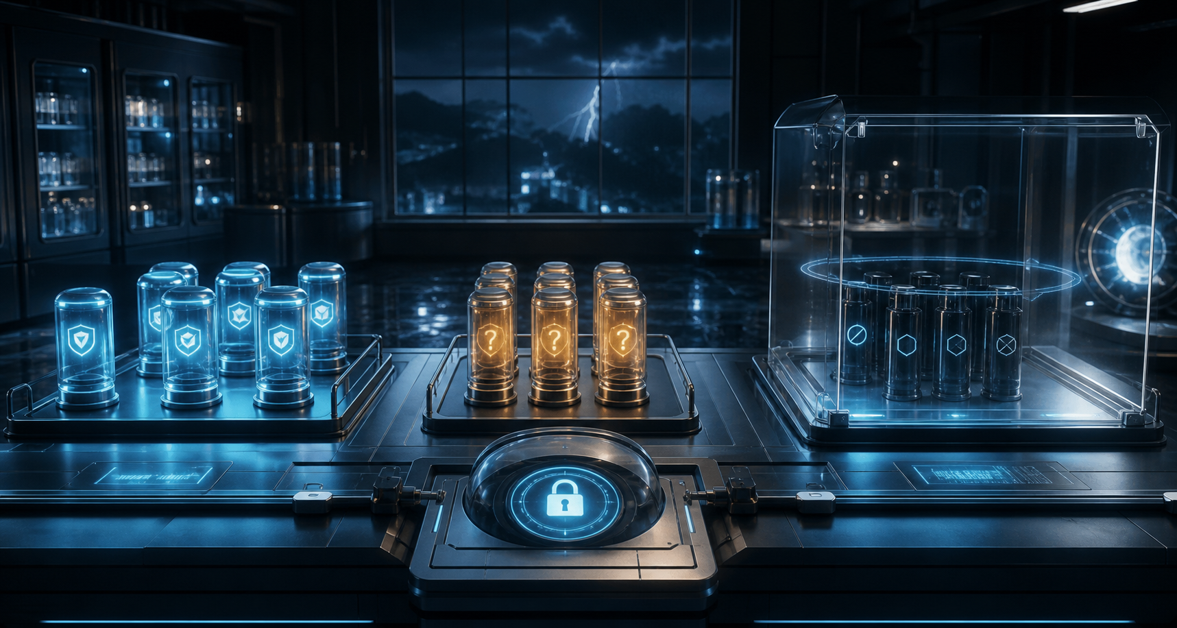 AI-generated 3D blue shield capsules, amber question-mark capsules and dark isolated capsules on trays beside a lock symbol