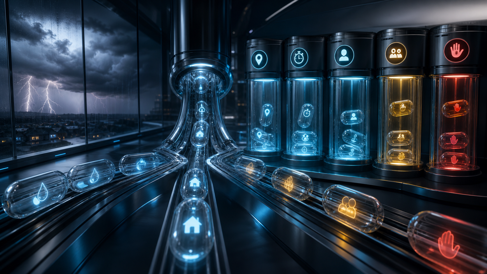 AI-generated 3D glass request capsules entering lanes marked with location, clock, person, team and stop icons beside a storm