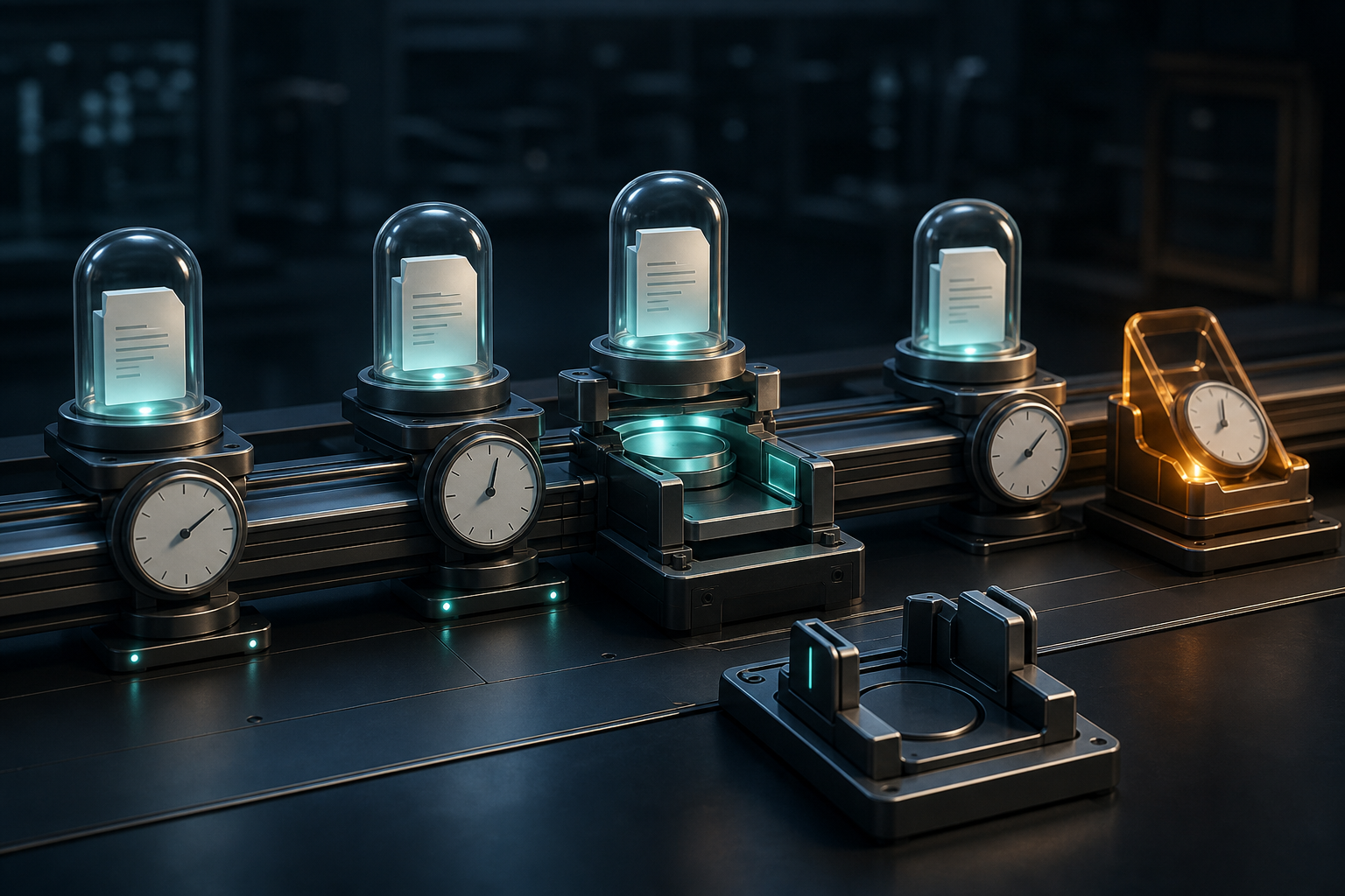 AI-generated glass document capsules above separate clocks, with an amber clock to the right and empty stations in front.