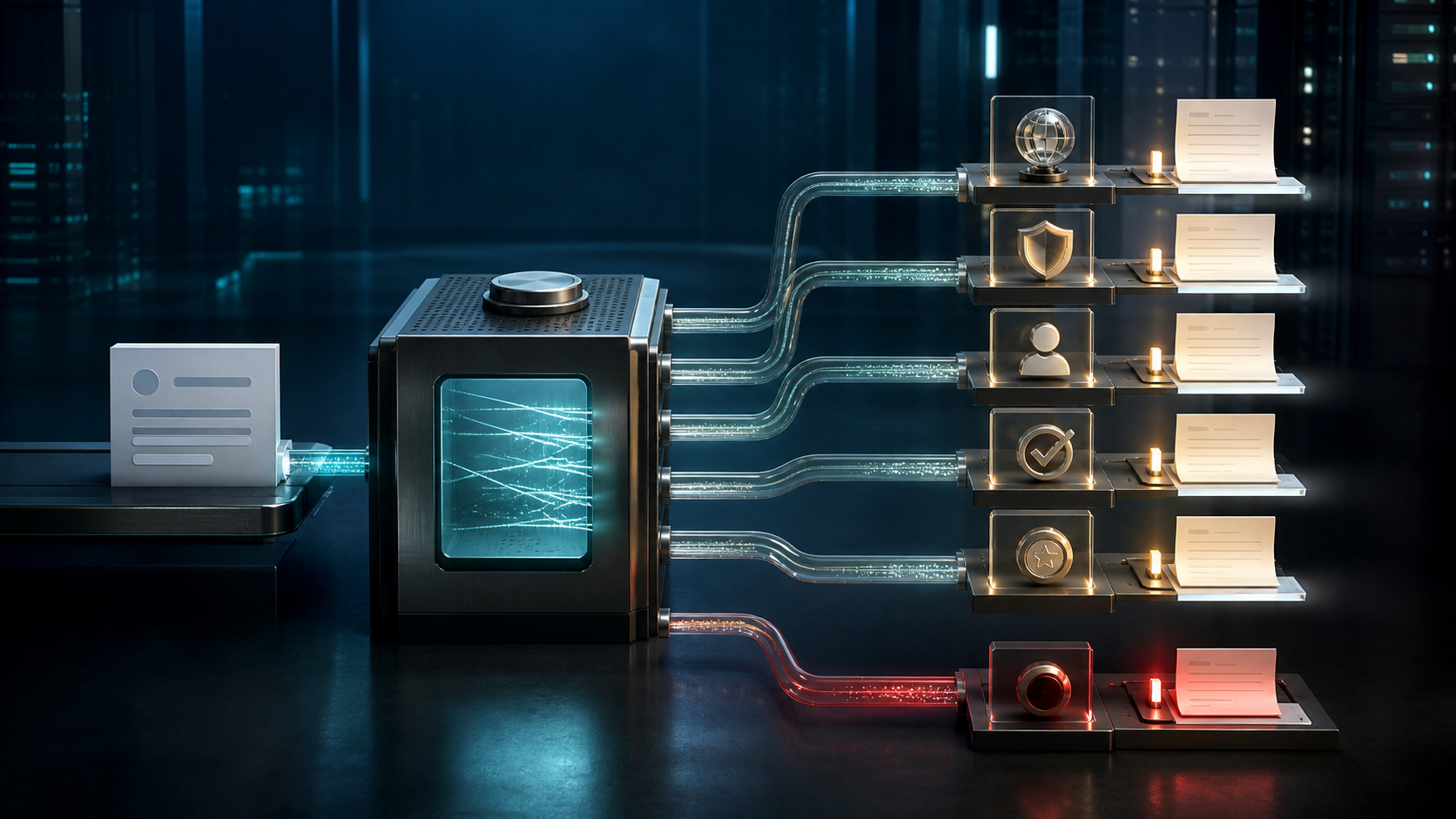 AI-generated machine connecting a form card to five illuminated receipt stations and a separate red lane.