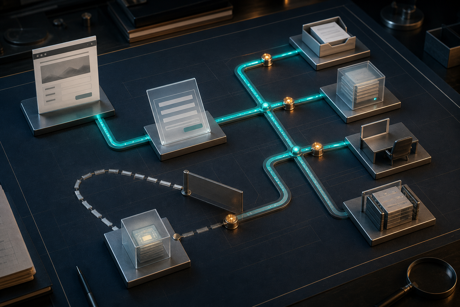 AI-generated route map joining a webpage and form to document trays, storage blocks and an empty desk.