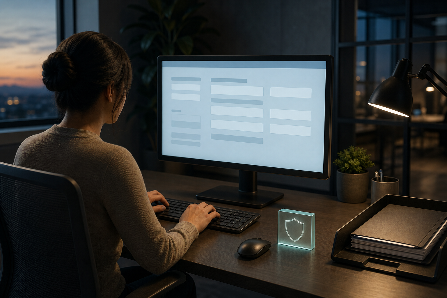 AI-generated fictional person at a desk with a blank form on a monitor, a shield symbol and a document tray.